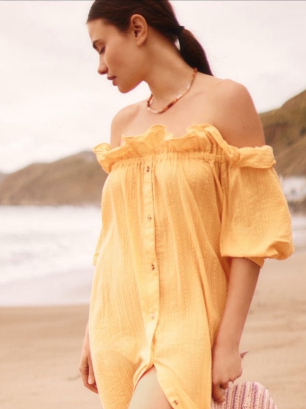 Anthropologie Ruffle Off-The-Shoulder Button  Gauze Beach Cover Up Dress, S - Picture 9 of 12